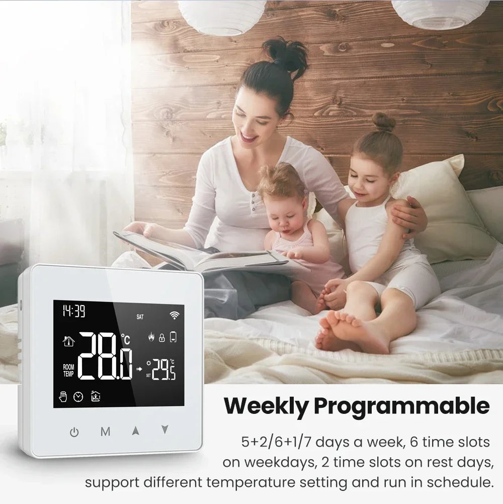 Programmable thermostat with digital display.