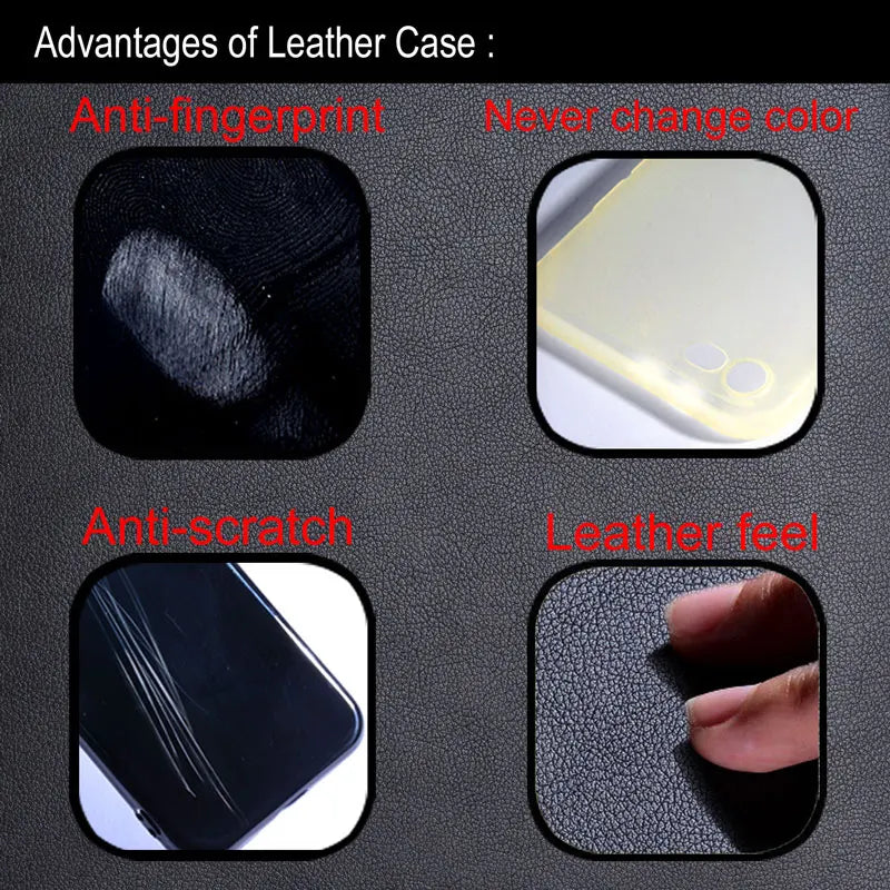 A promotional graphic detailing the advantages of a leather phone case.