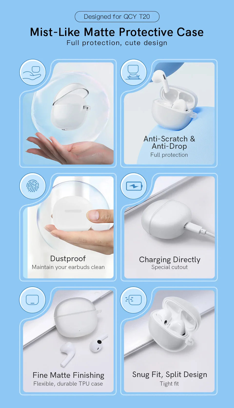 Protective case for QCY T20 earbuds.