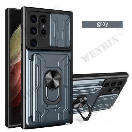 Protective case for a smartphone with multiple camera lenses and a built-in ring holder.