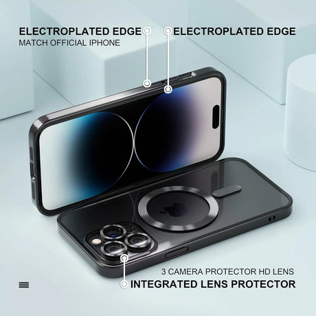 Protective iPhone case with electroplated edges and integrated lens protector.
