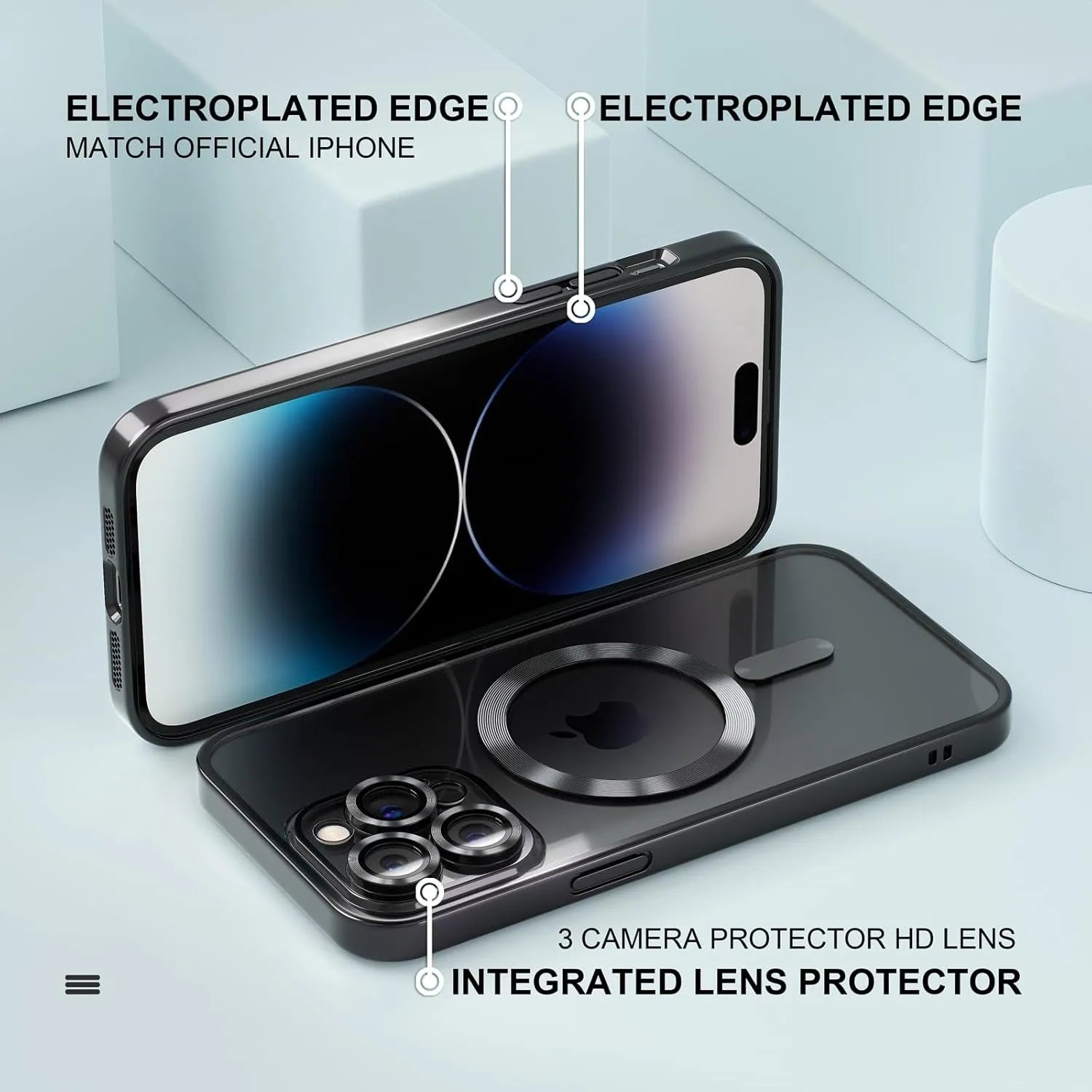 Protective iPhone case with electroplated edges and integrated lens protector.