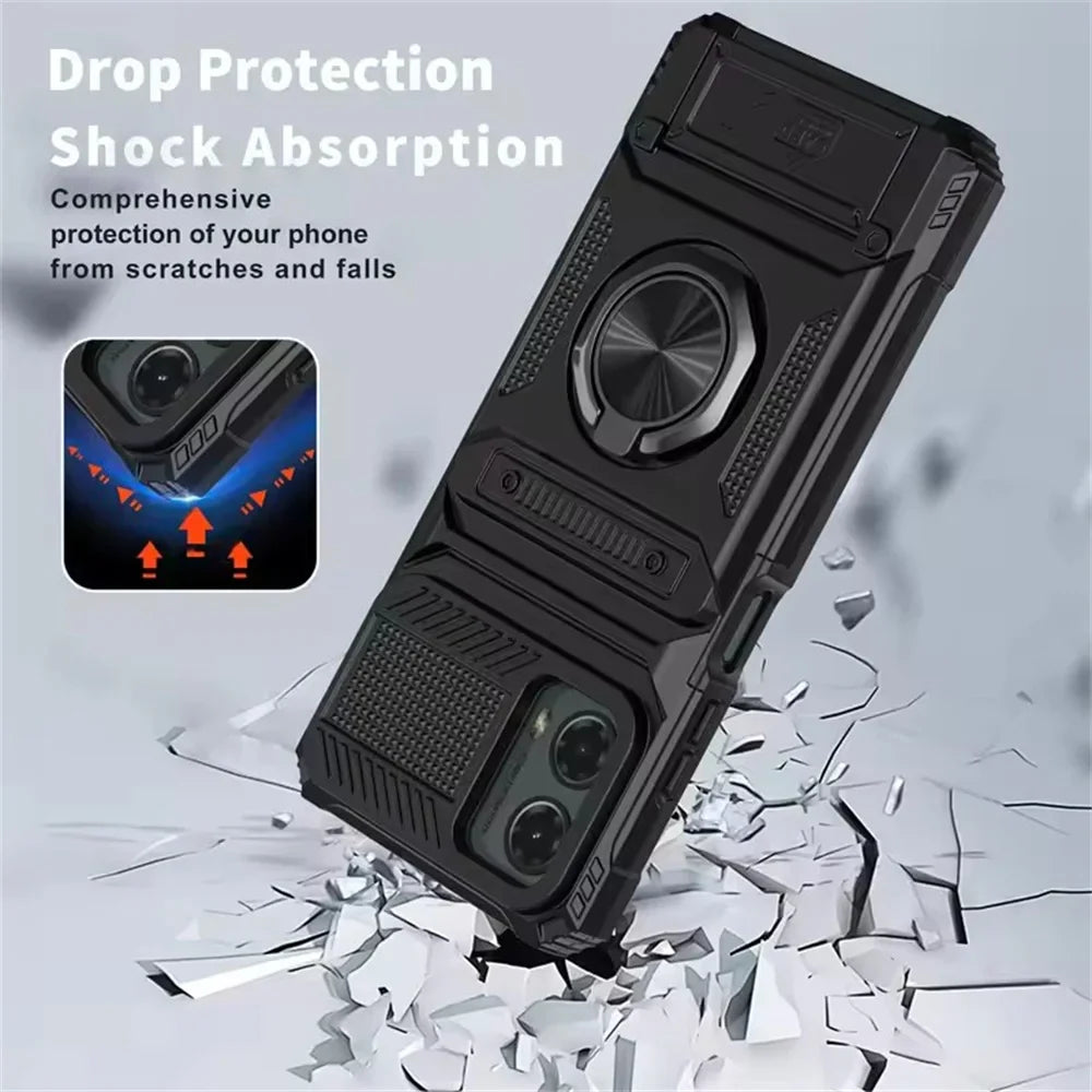 Protective phone case with a built-in kickstand and ring holder.