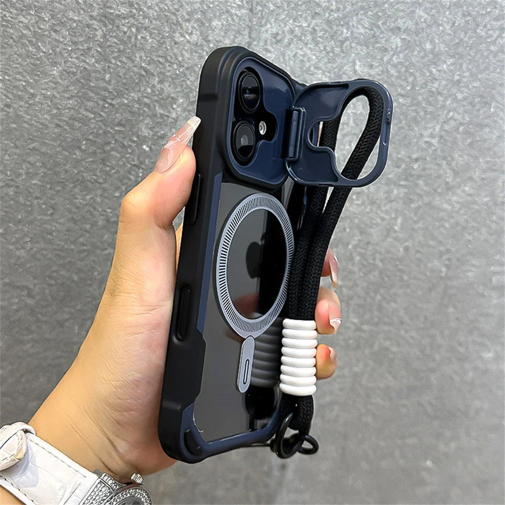 Protective phone case with camera cover and lanyard.