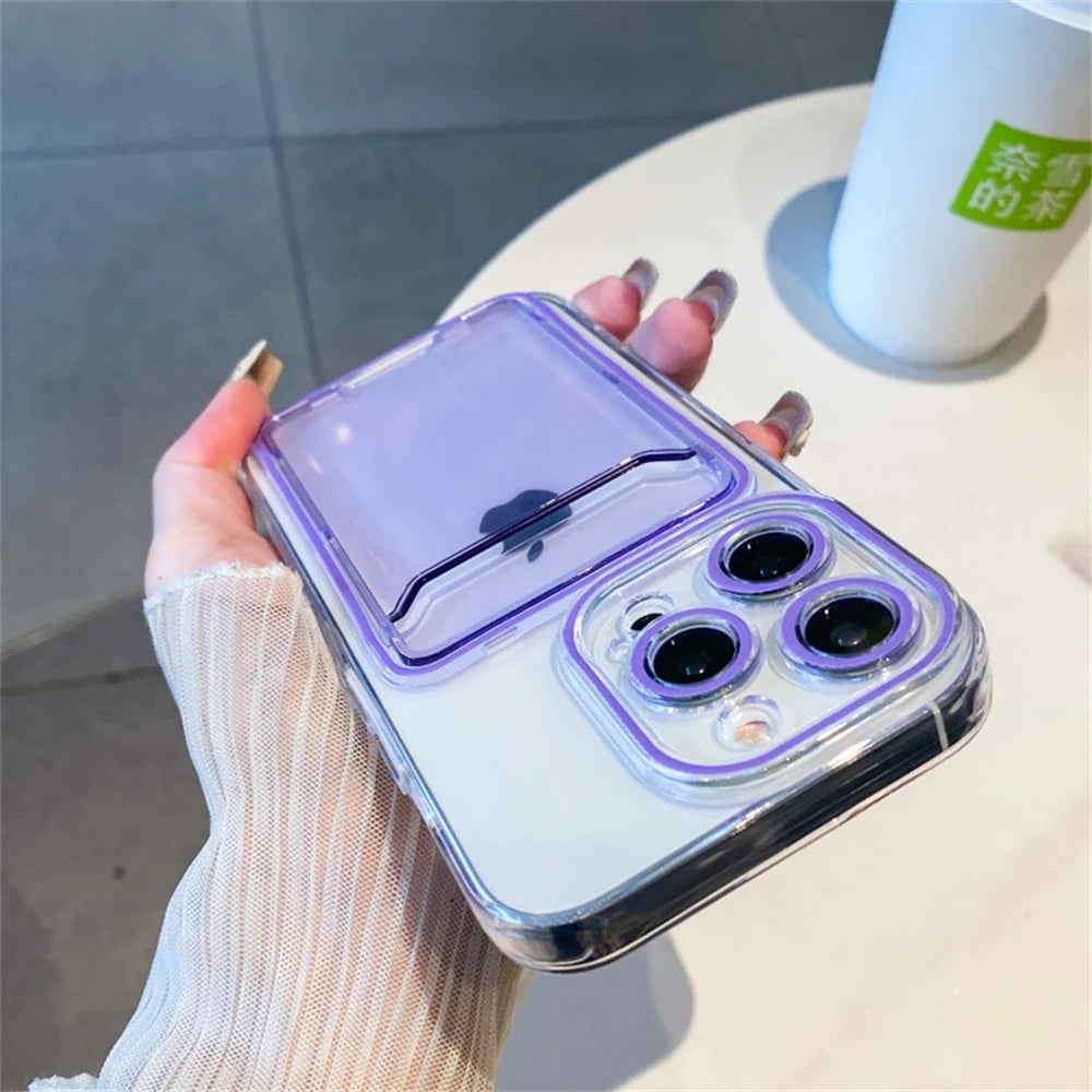 Purple-accented clear phone case with card holder.