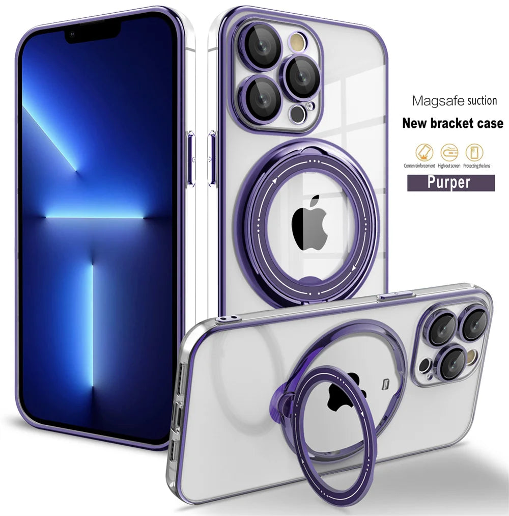 Purple-accented iPhone cases with magnetic ring stands.