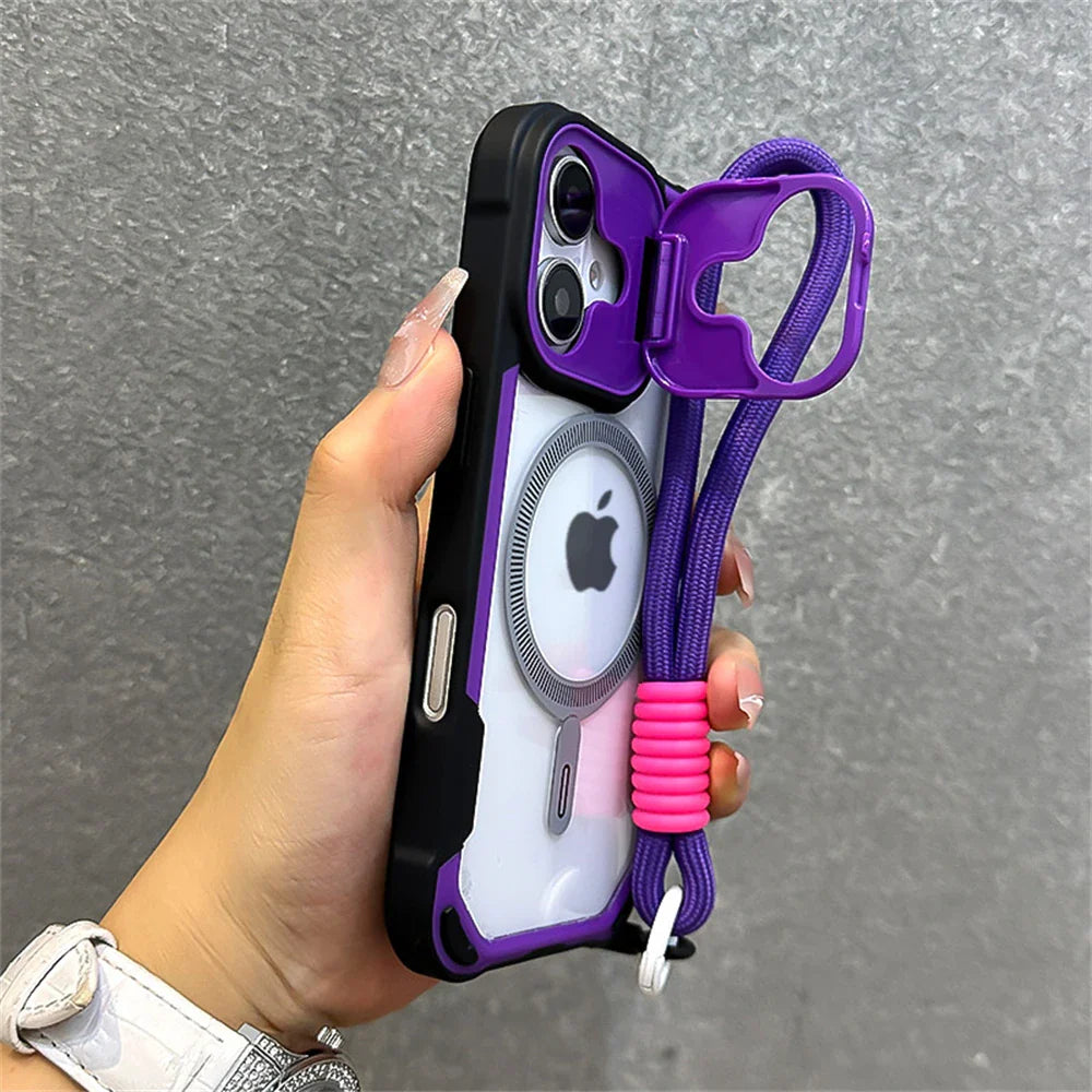 Purple and black iPhone case with lanyard.