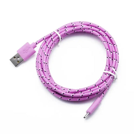 purple braided usb cable with a white cord