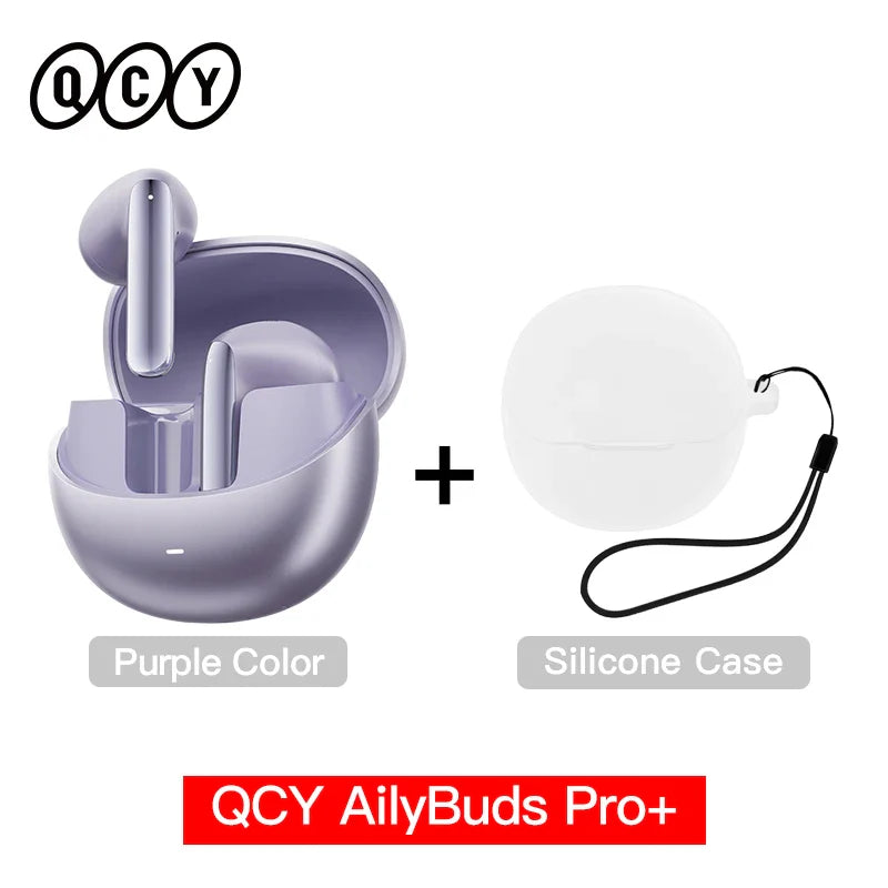 Purple earbuds with charging case and silicone case.