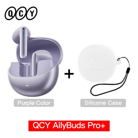 Purple earbuds with charging case and silicone case.