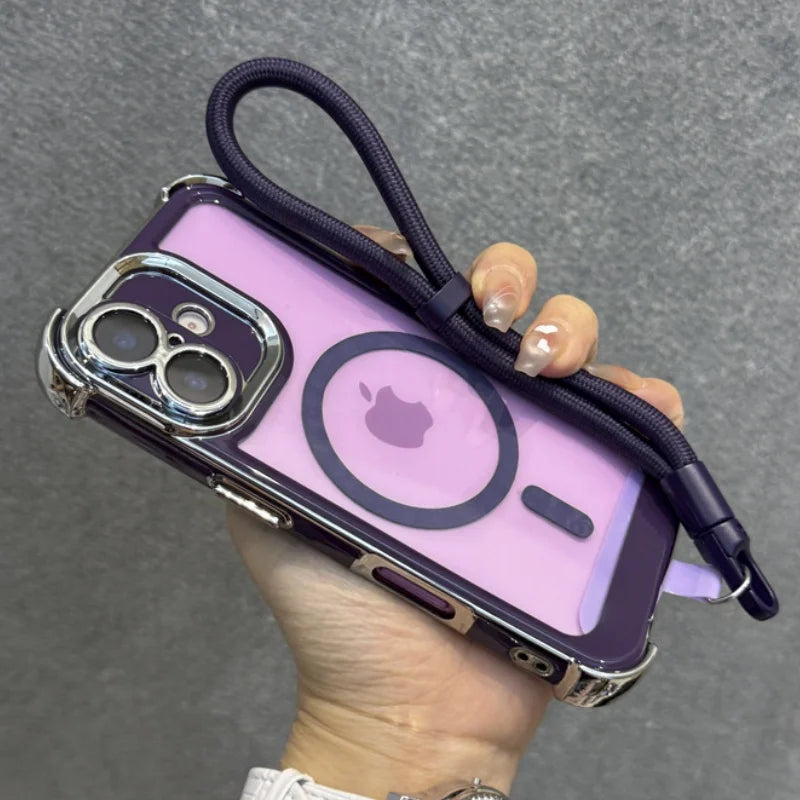 Purple iPhone case with a black wrist strap