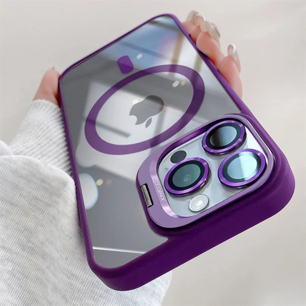 Purple iPhone case with camera lens protection.