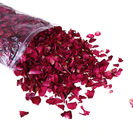 dried rose petals in a clear bag