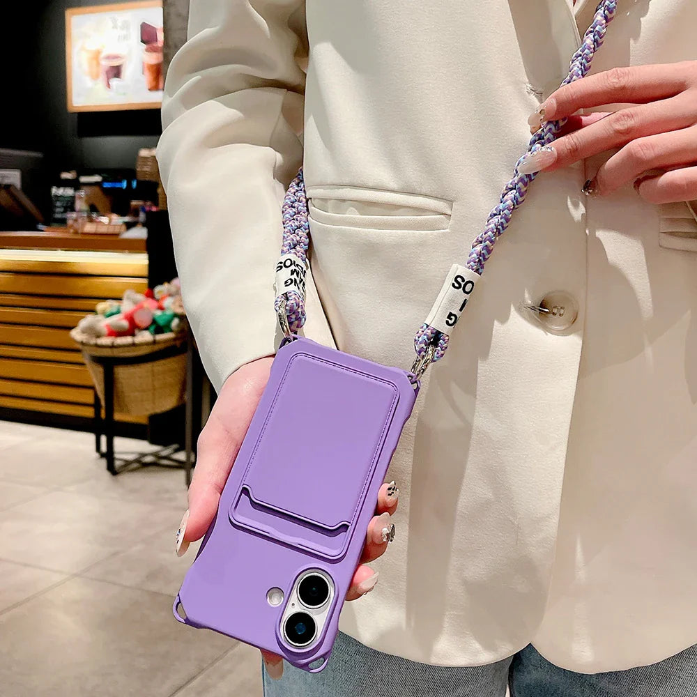 Purple phone case with braided strap.
