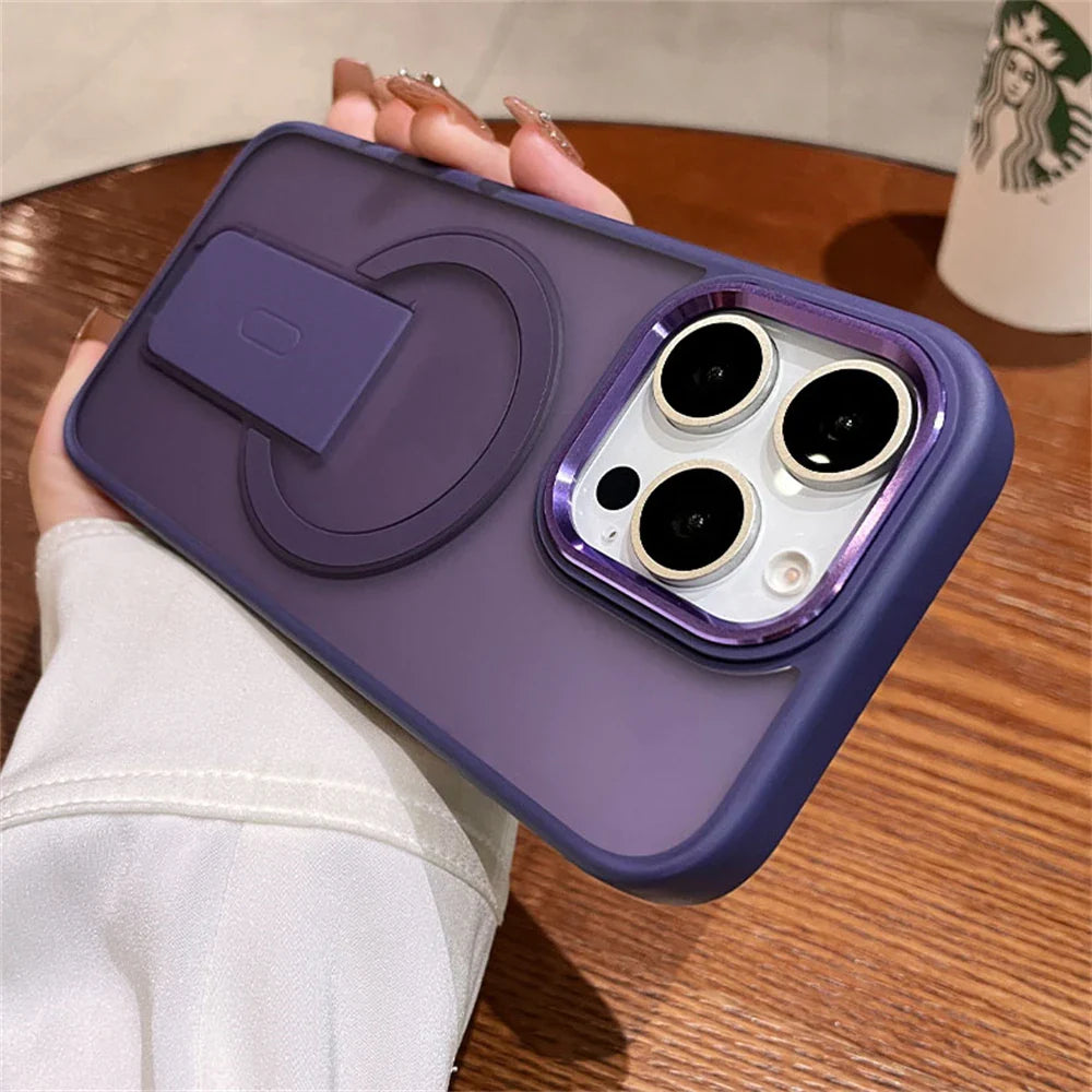 Purple phone case with camera lens protection and kickstand.