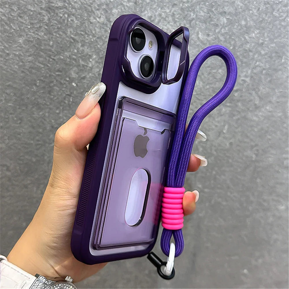 Purple phone case with card holder and wrist strap.