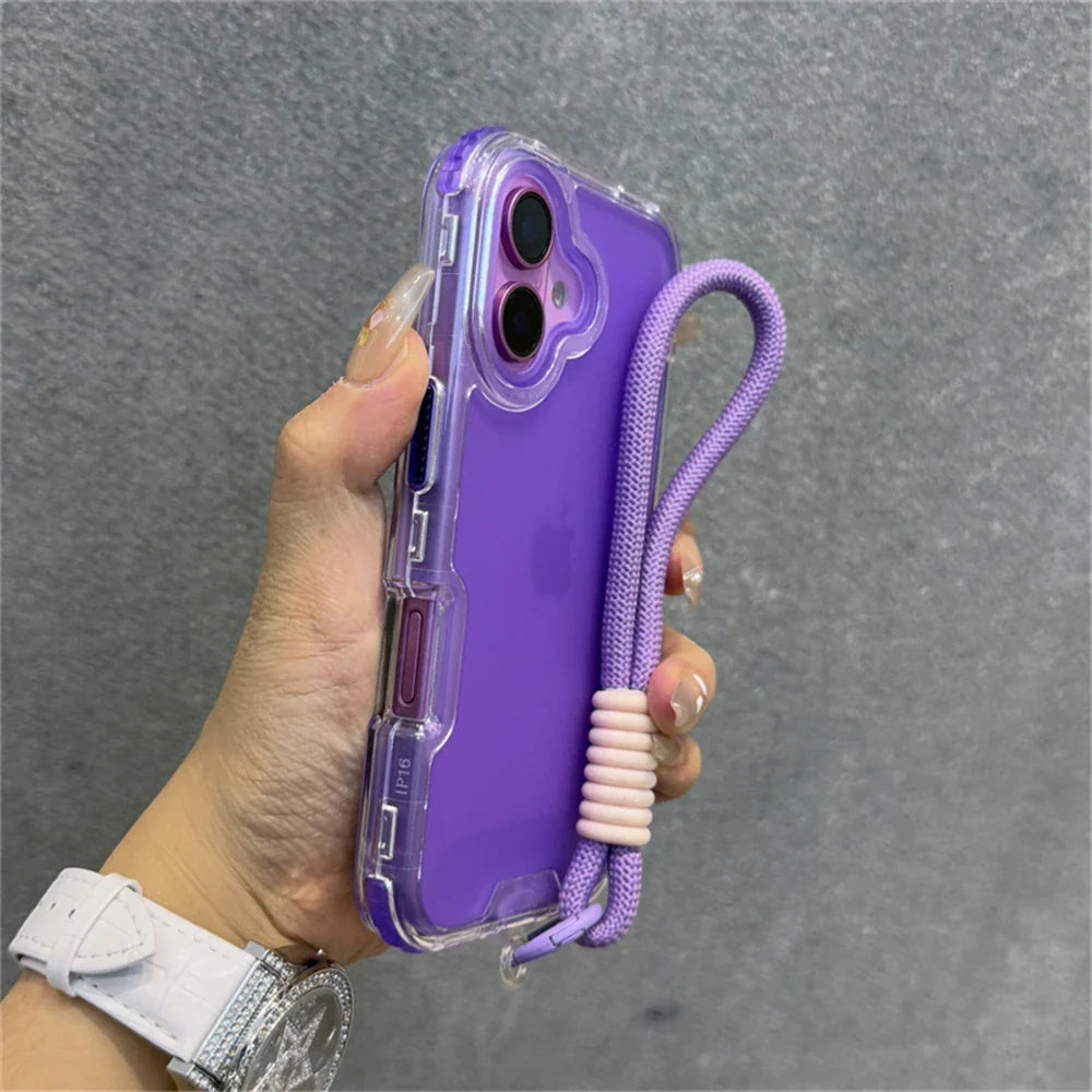 Purple phone case with lanyard.