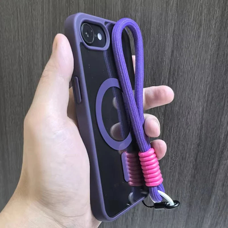 Purple phone case with lanyard.
