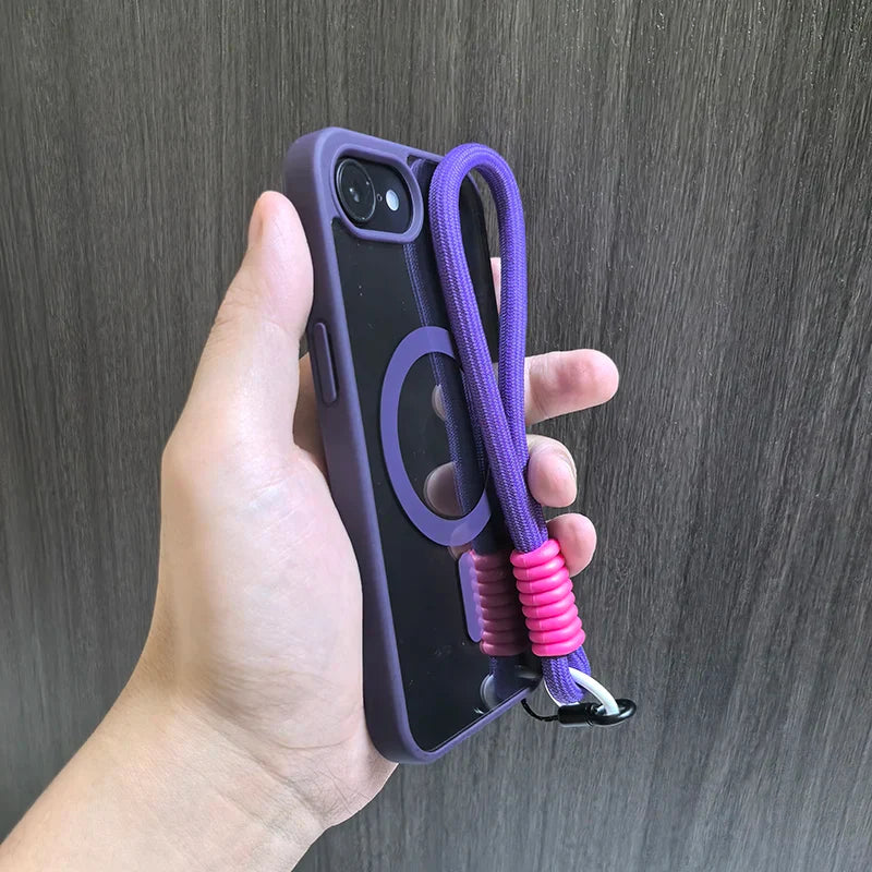 Purple phone case with lanyard.