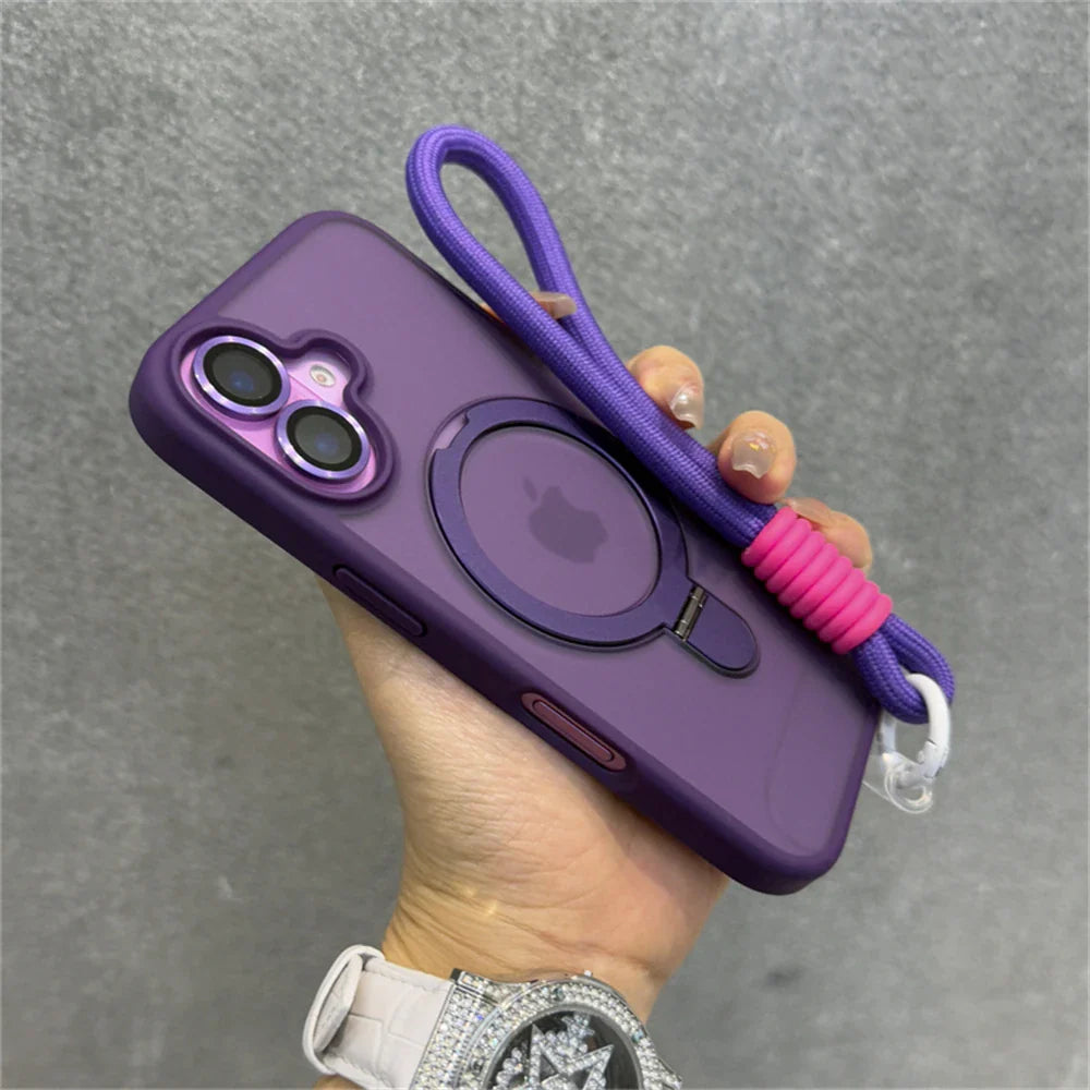 Purple phone case with lanyard.