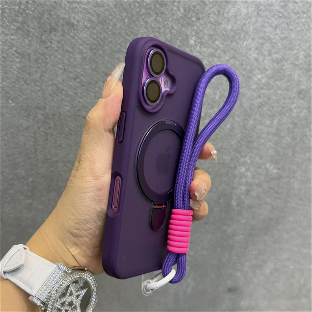 Purple phone case with wrist strap.