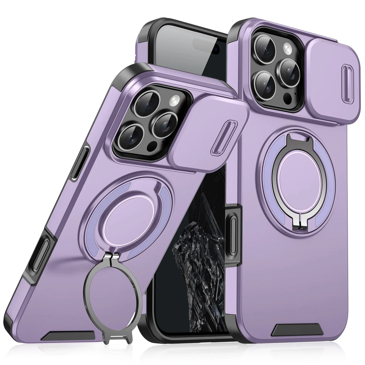 Purple phone cases with camera covers and ring stands.
