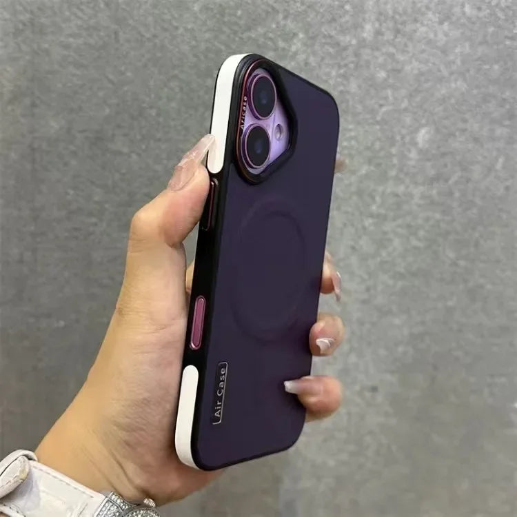 Purple phone in a white-edged case.