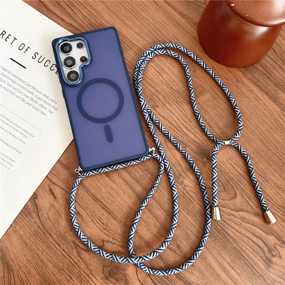Purple smartphone case with an attached braided crossbody strap.