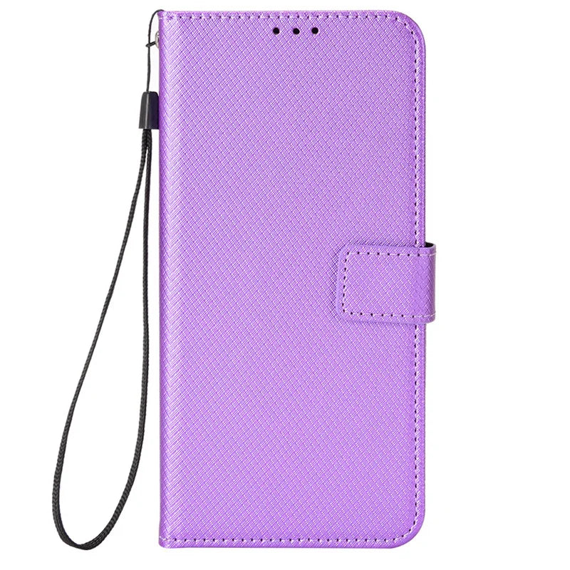 Purple textured phone wallet case with a wrist strap and magnetic clasp.