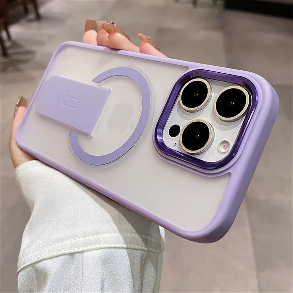 Purple-trimmed phone case with MagSafe stand.