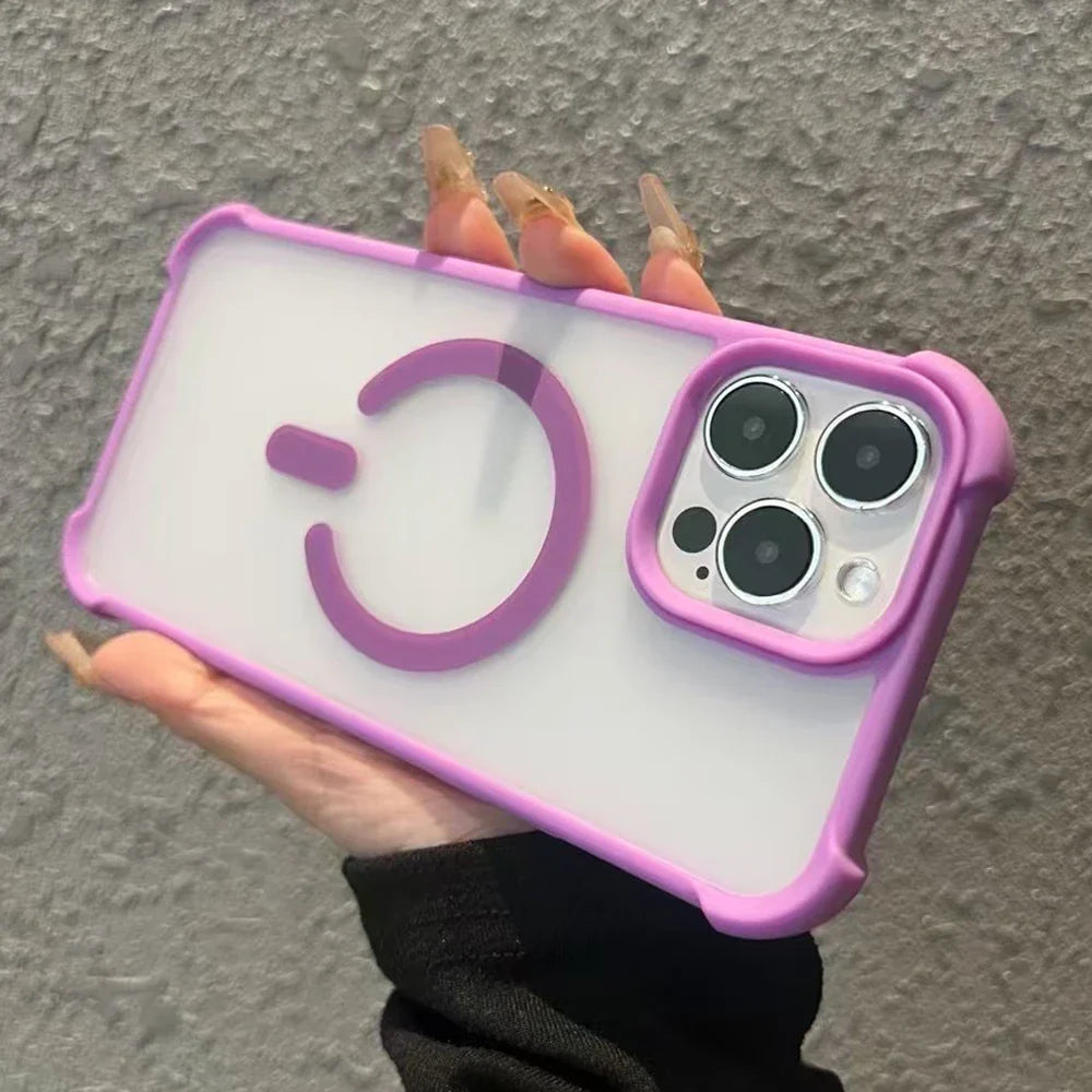 Purple-trimmed phone case with a power symbol.