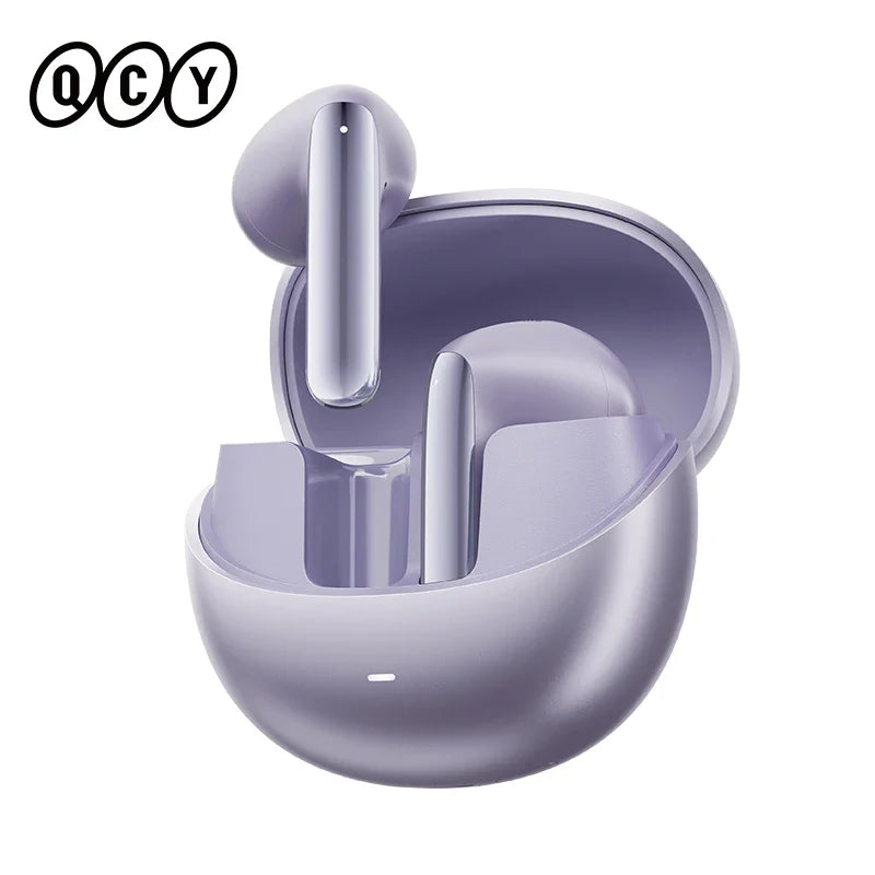 Purple wireless earbuds in charging case.