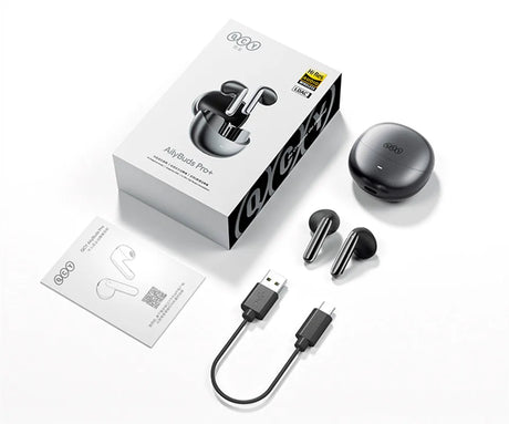 QCY AilyBuds Pro+ wireless earbuds with charging case and accessories.