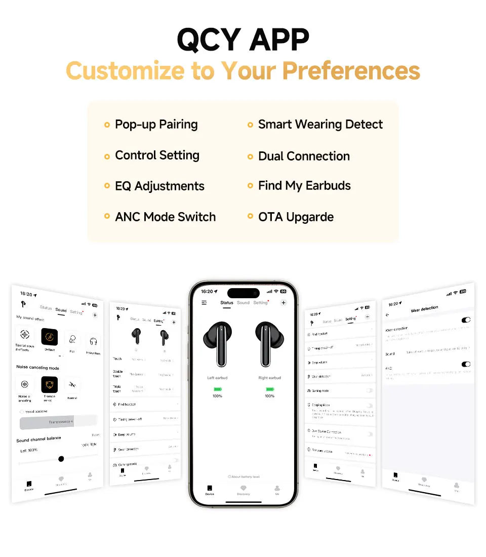 QCY app features and phone display.