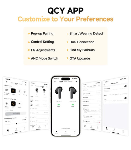 QCY app features and phone display.