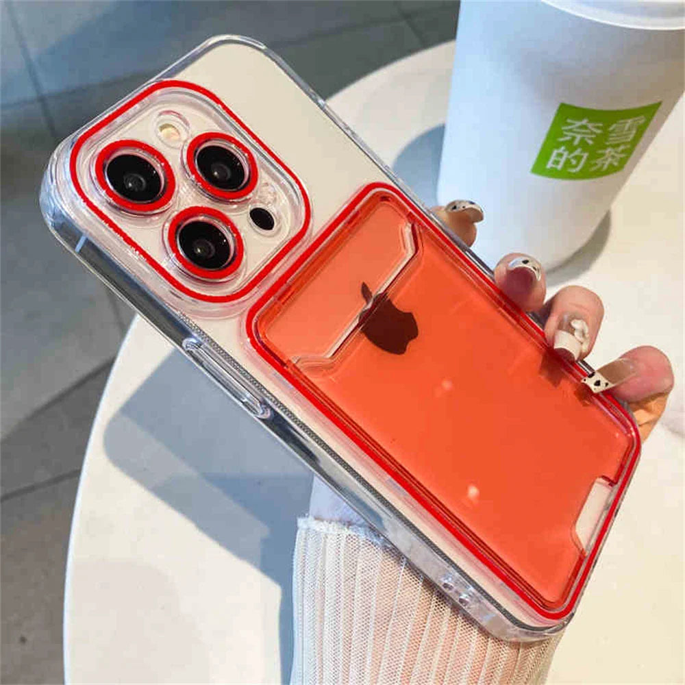 Red-accented clear phone case with card holder.