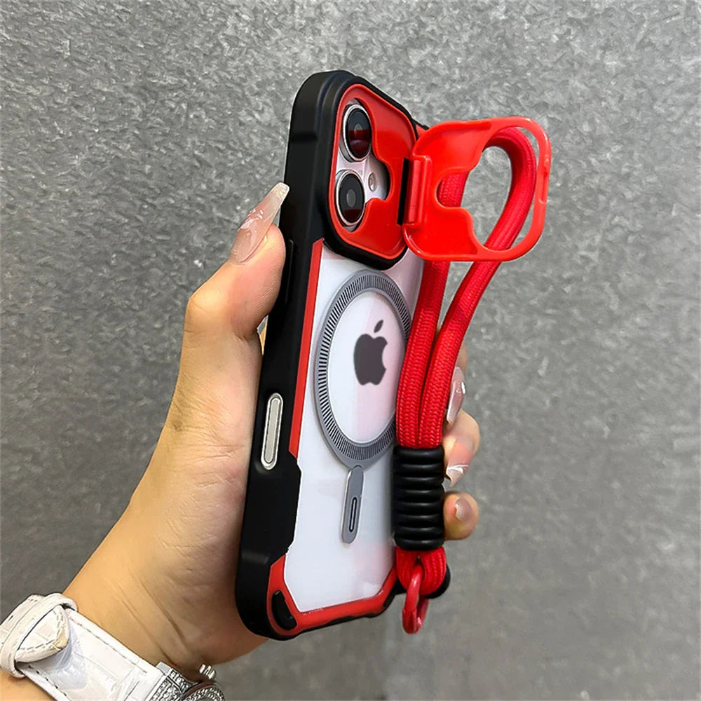 Red and black iPhone case with lanyard.