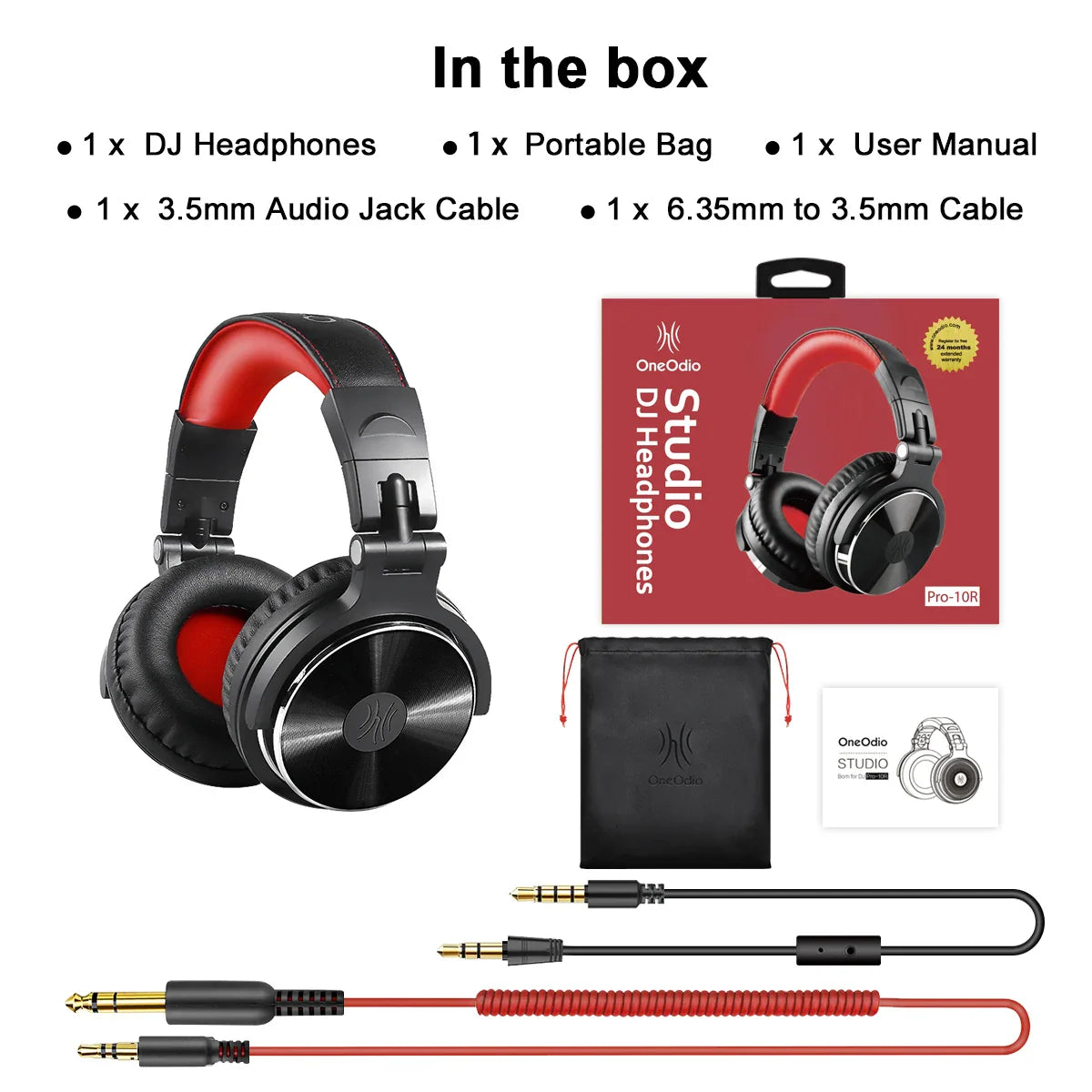 Red and black over-ear DJ headphones with a metal headband and cushioned earcups.