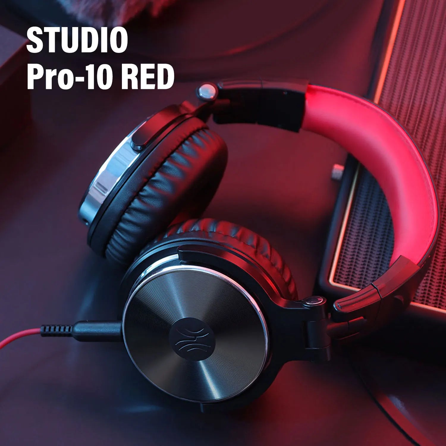 Red and black over-ear headphones with ’STUDIO Pro-10 RED’ text overlay.