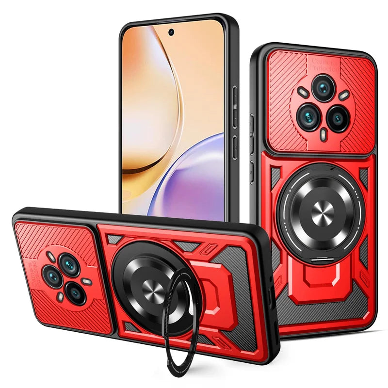 Red and black rugged phone case with a kickstand ring.