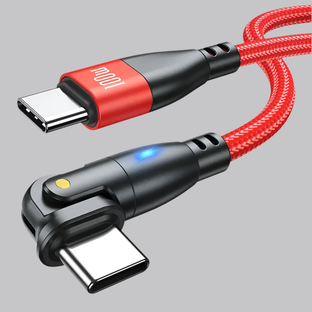 Red braided USB-C charging cable with 90-degree connector.