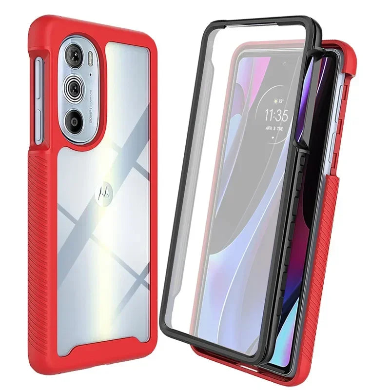 Red and clear two-piece rugged phone case with a built-in screen protector.