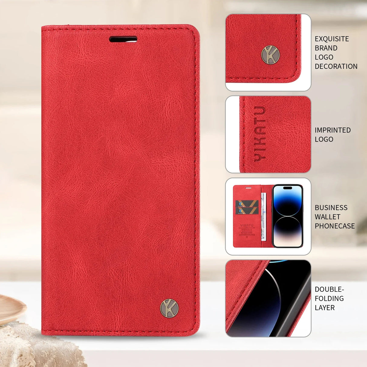 Red faux leather wallet phone case with card slots.
