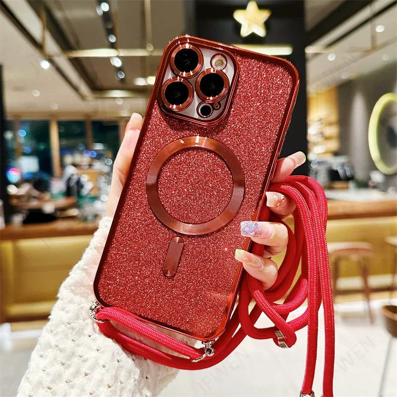Red glittery phone case with lanyard.