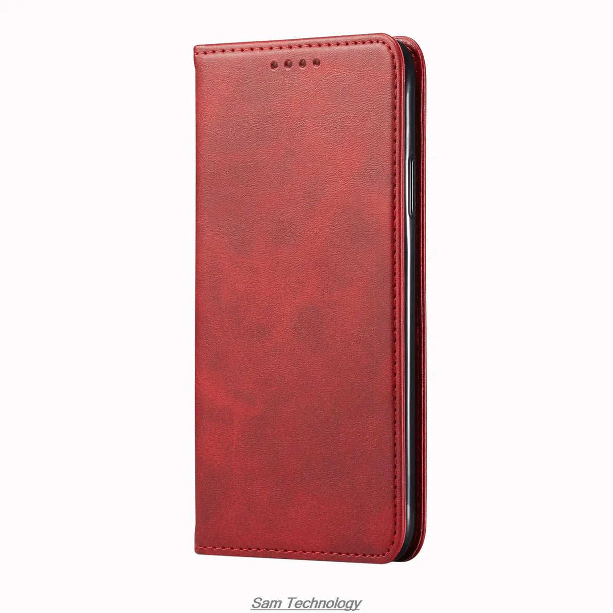 Red leather-like folio phone case with card slots.