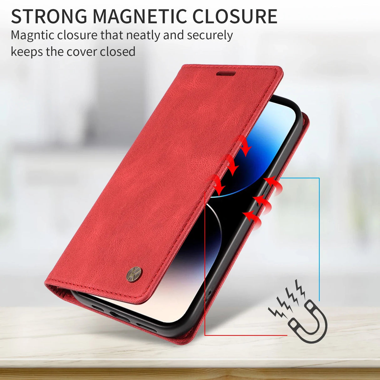 Red leather-like magnetic phone case with a fold-over cover.