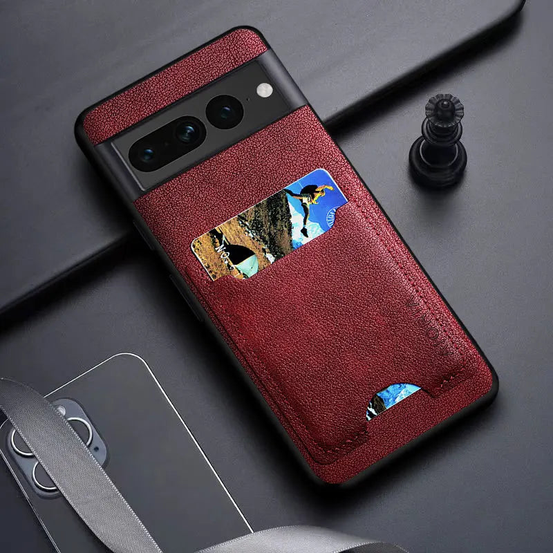 Red leather phone case with card slots