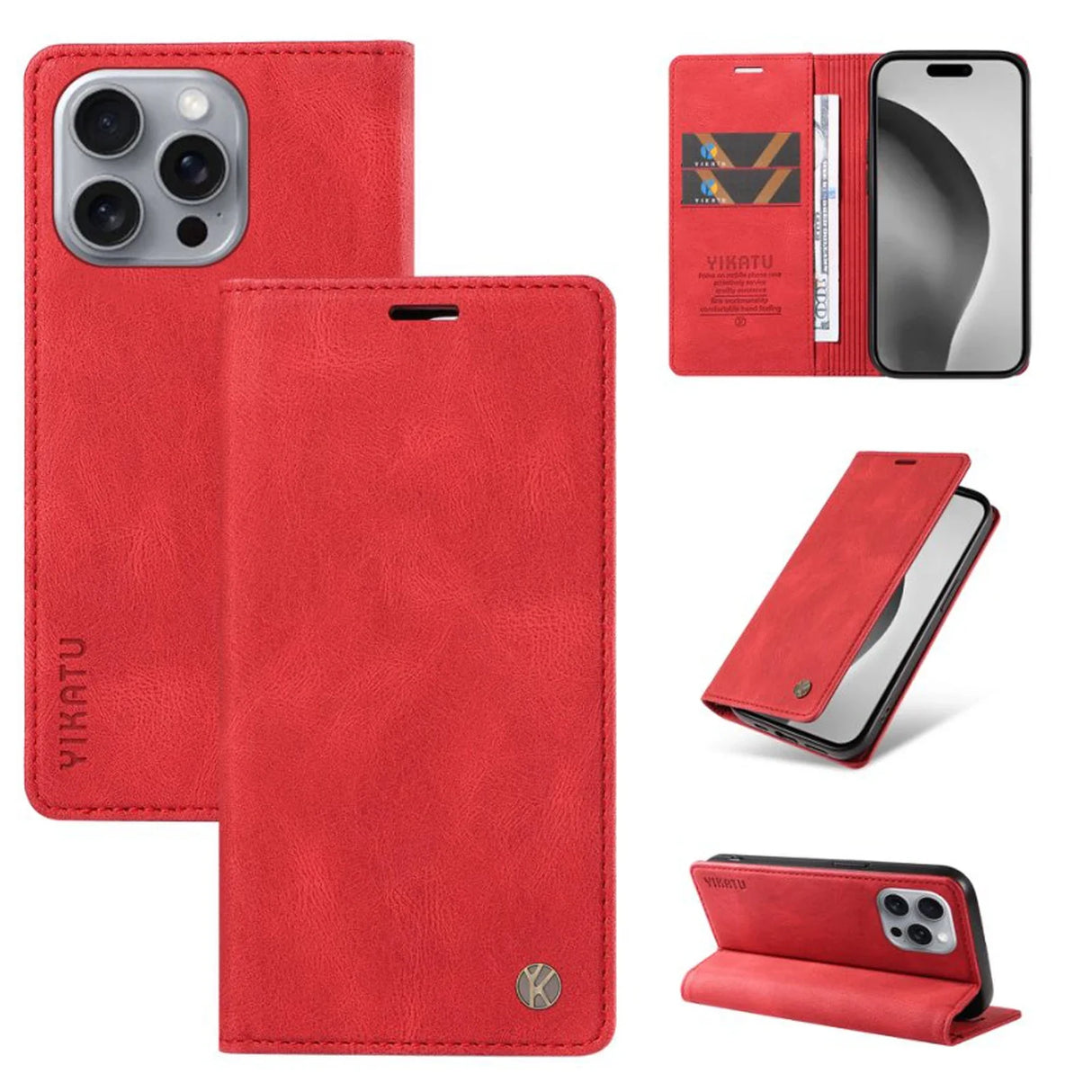 Red leather wallet phone case for iPhone.