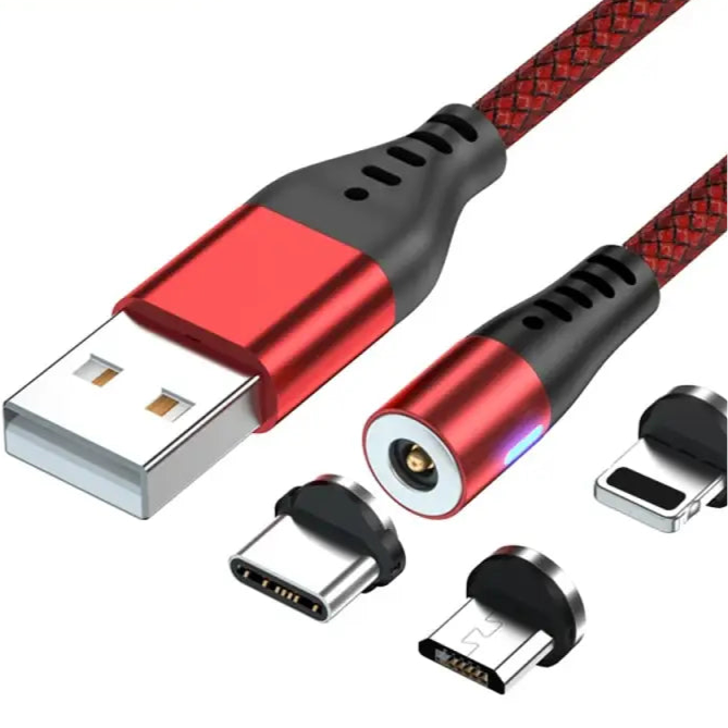 Red magnetic charging cable with multiple connector tips.