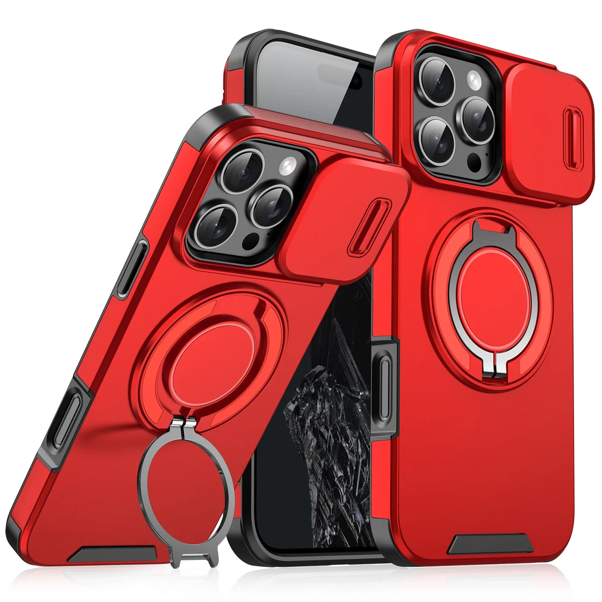 Red phone cases with camera covers and ring stands.